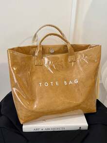 Tote Bag, Square-Shaped Structured Large Capacity Body, Glossy Finish With Texture, Dual Short Handles For Hand-Carrying. Minimalist Letter Print On The Body, Spacious Interior For Storing Various Personal Items, Open Design For Convenient Access, Versatile Style Suitable For Daily Outings, Commuting And Shopping, Creating A Casual And Fashionable Daily Outfit Look. - Brown - View 4