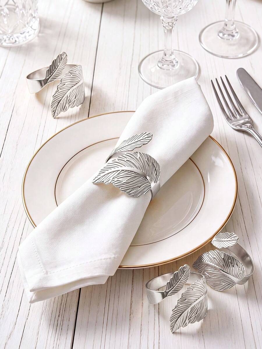 2-24pcs Set Gold-Color Leaf Shape Napkin Rings, Shiny Metal Napkin Rings For Dinner Table Decoration, Fashion Autumn Napkin Rings Bulk, Suitable For Christmas, Easter, Wedding, Party, Elegant Table Setting Gift Ideas - Silver - View 1