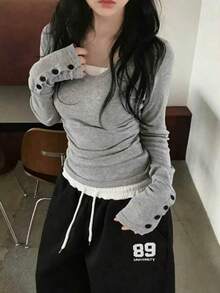 Button V-Neck Fitted Long Sleeve T-Shirt With Cinched Waist And Cold Shoulder Design, Versatile Top - Light Grey - View 3
