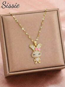 1pc Necklace Pink Bow Rabbit Pendant Necklace Kids Cute Fashion Street Party Prom Holiday Festival Anniversary Dates & Daily Fine Jewelry - Gold - View 3