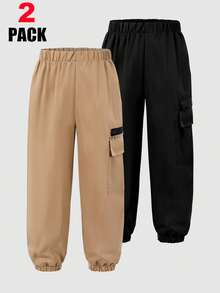2pcs/Set Boys Casual Loose Solid Color Pocket Cargo Pants, School, Campus, College - Multicolor - View 2