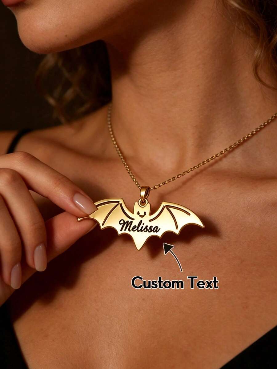 1pc Customized Name Bat Necklace, Personalized Engraved Gothic Style Pendant Collarbone Chain, Halloween Gift Jewelry - Multicolor - View 1