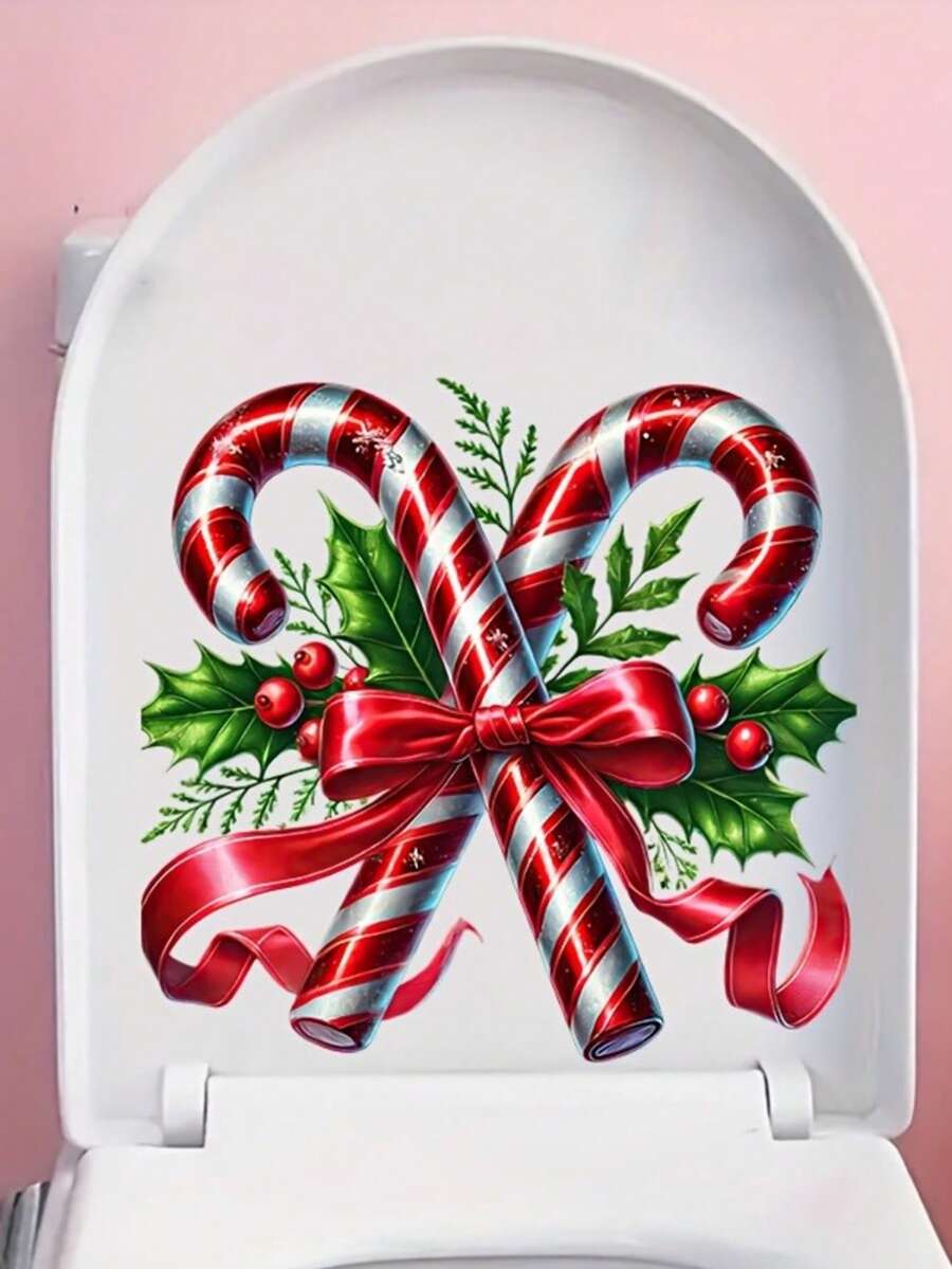 1pc Christmas Candy Cane And Holly Leaf Berry Red Bow Pattern PVC Material Home Wall Bathroom Toilet Decoration Sticker, Suitable For Christmas Holiday Atmosphere Decoration Of Walls, Cabinets, Refrigerators, Toilet Lids And Other Scenes - A - View 1