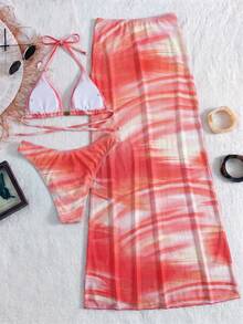 Orange & Pink Gradient Tie-Dye Halter Triangle Bikini Set With Slim Fit Long Beach Cover-Up Skirt, 3 Pieces Swimsuit For Beach Vacation - Multicolor - View 3