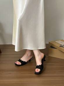 Sandal Selop Romantis Bergaya Vintage, Sandal Hak Tipis Ujung Persegi Berenda Warna Nude untuk Perjalanan Belanja Akhir Pekan - Hitam - View 3