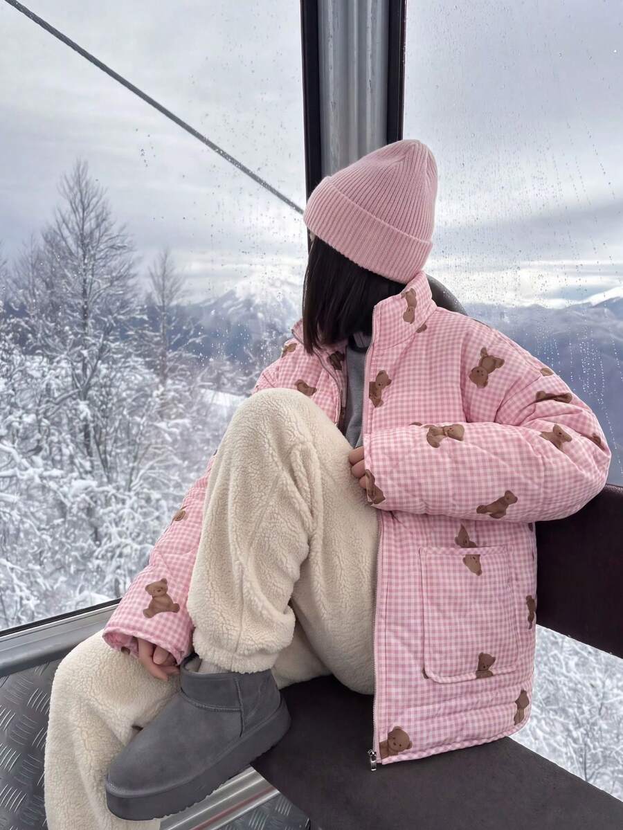 Women's Bear Pattern Plaid Quilted Down Jacket, Casual Zipper Stand Collar Long Sleeve Loose Fit Winter Coat - Pink - View 1