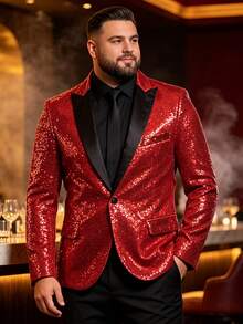 Plus Size Men's Colorblock Sequin Blazer Jacket For Banquet, Wedding, Hosting Formal Occasions - Red - View 1