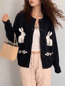 Women's Autumn/Winter Casual Cute Minimalist Fun Animal Pattern Horn Button Design Round Neck Knit Cardigan Sweater - Black - View 4