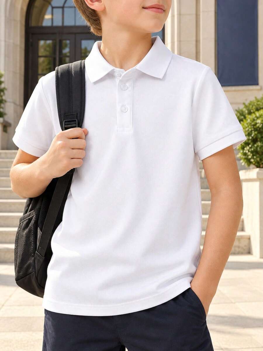 小男孩經典白色素色短袖 Polo 衫,適合日常外出、聚會、表演和活動 - 白色 - 查看 1