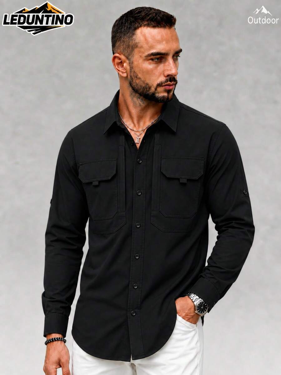 LEDUNTINO [Spring/Summer] Men's Fashion Button-Up Casual Outdoor Shirt, Solid Color, Green, Sporty, Workwear, Quick-Dry, Boyfriend Gift, Men's Spring/Autumn Long Sleeve Shirt