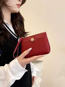 Women's Red Quilted Leather Wristlet Wallet Zip Around Card Holder Clutch Coin Purse With Gold Flower Charm - Red - View 2