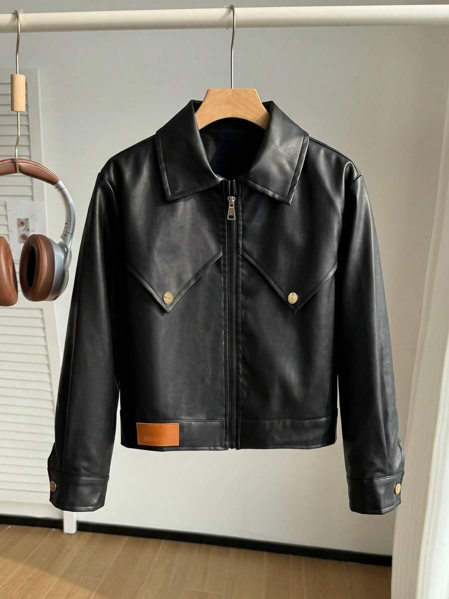 Girls' Faux Leather Jacket With Lapel Collar, Zipper, Flap Pockets And Button Decor, Short Biker Style Autumn Outerwear - Black - View 1