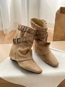 French Blogger Style Pointed Toe Wide Shaft Knee-High Boots, Nordic Kitten Heel Riding Boots For Women - Khaki - View 7