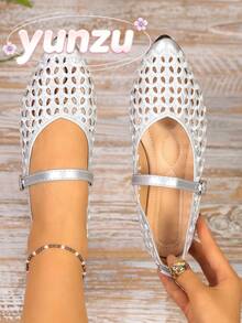 Silver Hollow Embroidery Mary Jane Women's Shoes, Pointed Toe Single Strap Low Vamp Flat Shoes, Breathable Versatile Commuter Shoes For Spring And Summer - Silver - View 6