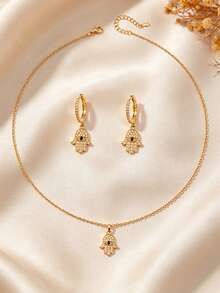 Women's "Hamsa Hand" 3 PiecesJewelry Set: Cubic Zirconia "Evil Eye" Pendant Necklace And Matching Earrings – Bohemian Style For Everyday Wear - Yellow Gold - View 3