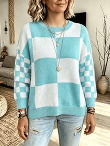 Plus Size Women Plaid Print Crew Neck Loose Casual Pullover Sweater, Autumn/Winter Fall - Mint Blue - View 6
