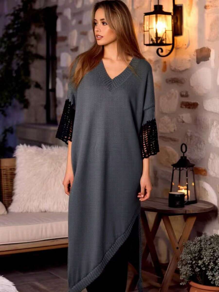 Elegant And Mature Plus-Size Pullover Sweater For Autumn And Winter, Perfect For Everyday Commuting And Outings. Features A Retro V-Neck, Color-Blocked Design, Fashionable Openwork Sleeves, And An Asymmetrical Hem. Mid-Length Style. - Black - View 1