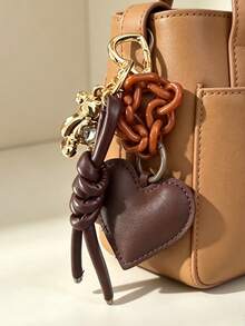 1pc Vintage Brown Tone Heart Leather Rope Bag Charm, Acrylic Chain Metal Buckle Keychain Bag Decoration - Brown - View 4