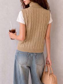 Women's Autumn/Winter Minimalist Casual Elegant Cable Knit Zipper Cardigan Vest Jacket - Khaki - View 2