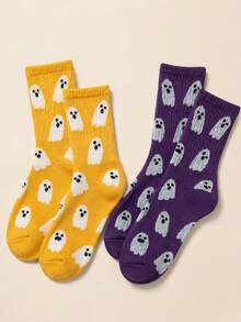 2 Pairs Women's Crew Socks, Funny Ghost Pattern Halloween Casual Socks, Novelty Holiday Gift Socks - Multicolor - View 10