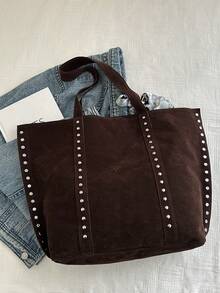 1pc New Solid Color Rivet Silk Scarf Fashion Women's Handbag, Solid Color Suede Patchwork Large Capacity Rivet Shoulder Bag, Minimalist Fashion Versatile Elegant Tote - Coffee Brown - View 6