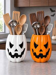 1pc/2pcs Halloween Pumpkin Utensil Organizer, Jack-O'-Lantern Face Countertop Holder For Ladles, Spoons & Spatulas, White/Orange Kitchen Decor - Multicolor - View 7