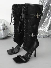 女款優雅高跟網格綁帶通勤時尚涼鞋 - 黑色 - 查看 2