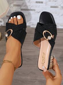 Rhinestone Criss-Cross Strap Open Toe Slide Sandals For Women, Metal Buckle Chunky Heel, 2 Colors Available, Party Style, Suitable For Midi Skirts, Wide Leg Pants, Jeans, Commuting And Casual Wear - Black - View 2