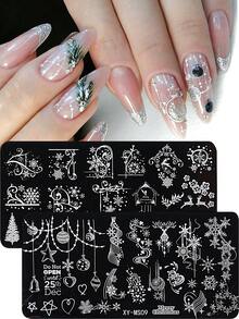 2PCS Elegant Holiday Style Nail Templates, Including Winter Christmas Snowflakes, Deer, Christmas Tree, And Ribbon Light Ball Pattern Nail Hot Stamping Templates, Suitable For DIY Nail Decoration In Nail Salons For New Year Parties - Silver - View 2