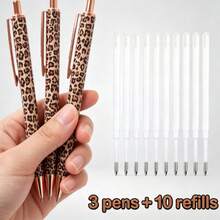 Rose Gold Leopard Print Retractable Neutral Pen Set, Smooth Writing Without Ink Interruption, Set Includes 3 Pens And 10 Refills, Fashionable And Vintage, Suitable For Office And Daily Writing - 3 Pens + 10 Refills - View 1