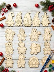 Wooden Christmas Painted Hanging Decor, DIY Blank Unfinished Wooden Gingerbread Man Silhouette Decoration, Suitable For Handmade Crafts Winter Hanging Ornament - Multicolor - View 5