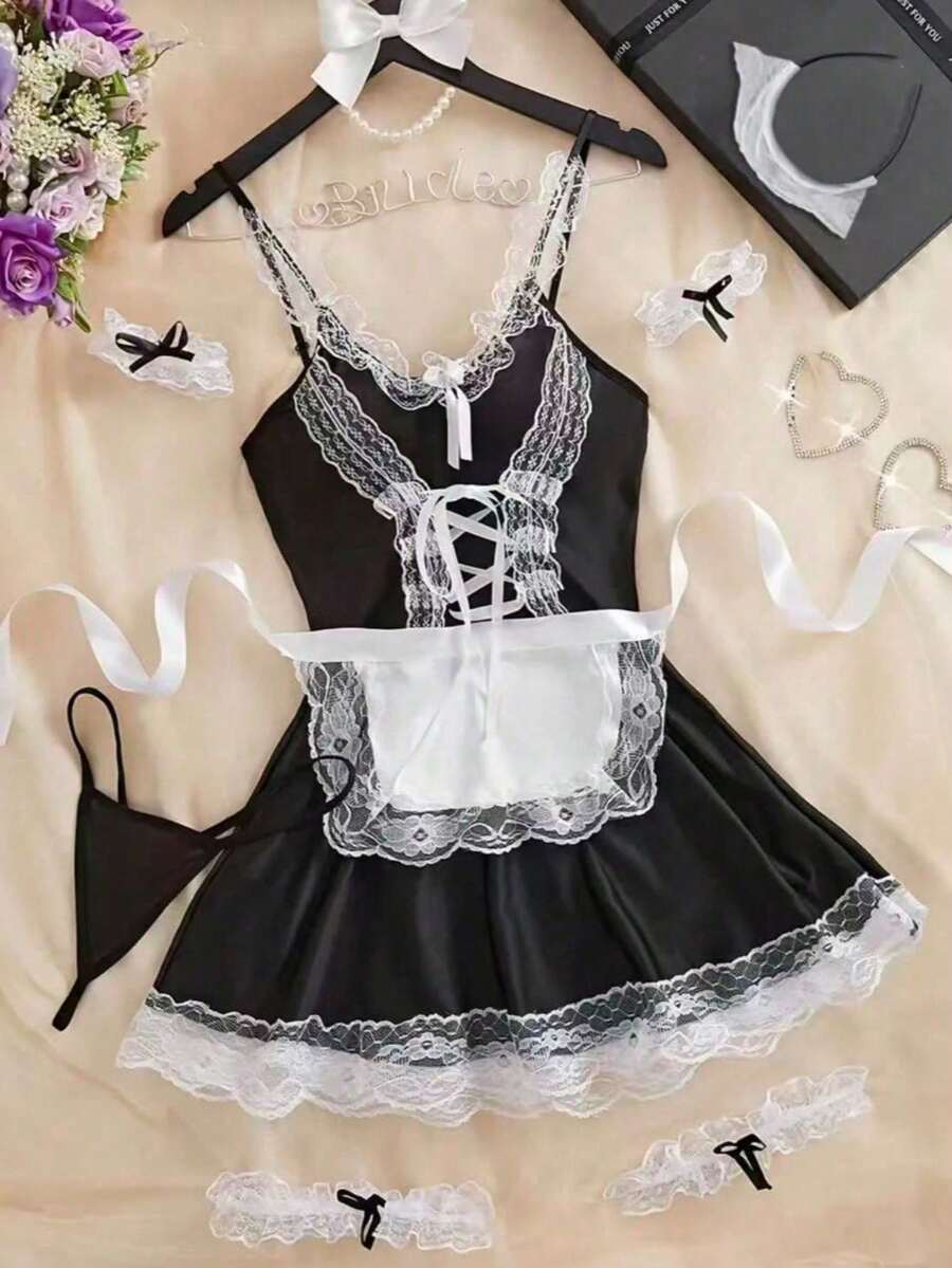 Cute Lolita Party Costume 6-Piece Set (Headband, Leg Rings*2, Sleeves*2, G-String, Dress, Apron), Kawaii Maid Role Play Lace Backless Apron COSPLAY Women's Outfit Accessory Set - Black - View 1