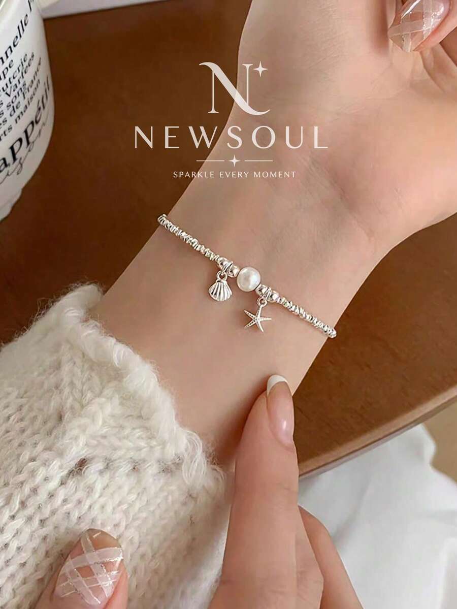 1pc Silver-Plated Faux Pearl Starfish Shell Bracelet, Women's Jewelry Gift, Party Gift, Birthday Gift, Daily Wear - Starfish Shell Bracelet - View 1