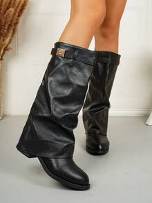 1 Pair Women's Knee-High Boots Cool Ruched Stacked Loose Shaft Metal Buckle Pointed Toe Tall Boots - Black - View 4