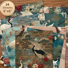 24 Sheets 6*6 Inch Chinese Crane & Peony Decorative Paper, Vintage National Style Scrapbooking Background Paper, Gift Box Packaging, Greeting Card Making Material - Square - View 1