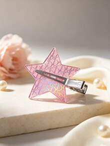 DIOR Pink Sweet Vintage Floral Star Hair Clip Letter Print Five-Pointed Star Seamless Hair Clip For Women Acrylic Metal Alligator Hair Clip Makeup Face Washing Styling Fixing Bangs Side Clip 2pcs/Set - View 5