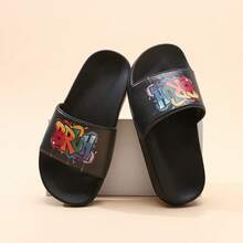 Colorful Letter Kids Slippers Boys EVA Soft Sole Casual Non-Slip Indoor Outdoor Beach Slide Sandals - Black - View 6