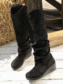 Women's Ruched Knee-High Wedge Boots, Faux Suede Slip-On Loose High-Top Boots, Comfortable Thick Sole Wedge Heel Fashion Winter Boots - Black - View 3