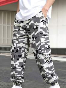 Boys' Spring/Autumn Camouflage Cargo Pants With Cuffed Hem, Double Side 3D Large Pockets, All-Over Camo Print, Outdoor Casual Versatile Multi-Scenario Wear - Multicolor - View 3