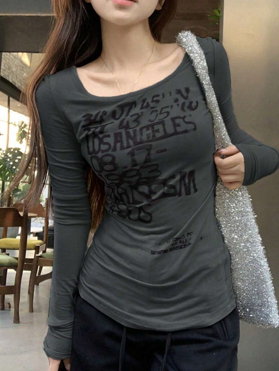 Retro American Print Long Sleeve Fitted T-Shirt For Women, Layering Top Casual Spring - Dark Grey - View 1