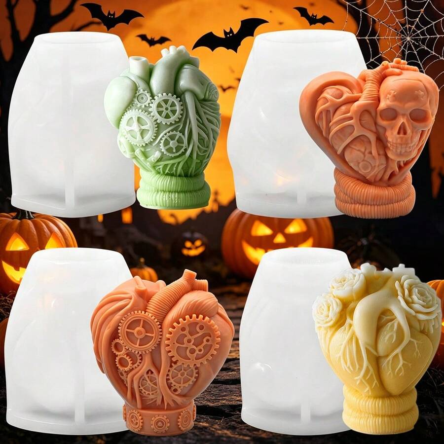 4pcs Halloween Heart Skull Silicone Candle Mold Mechanical Heart Silicone Mold, Halloween Decor Element Plaster Silicone Mold - White - View 1