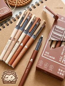 6/1pc Brown Liquid Ink Ballpoint Pens, Large Capacity Quick Dry No Mess, Healing Style Student Practice Pen, Cute Adorable Classroom Reward Small Gift - Multicolor - View 1