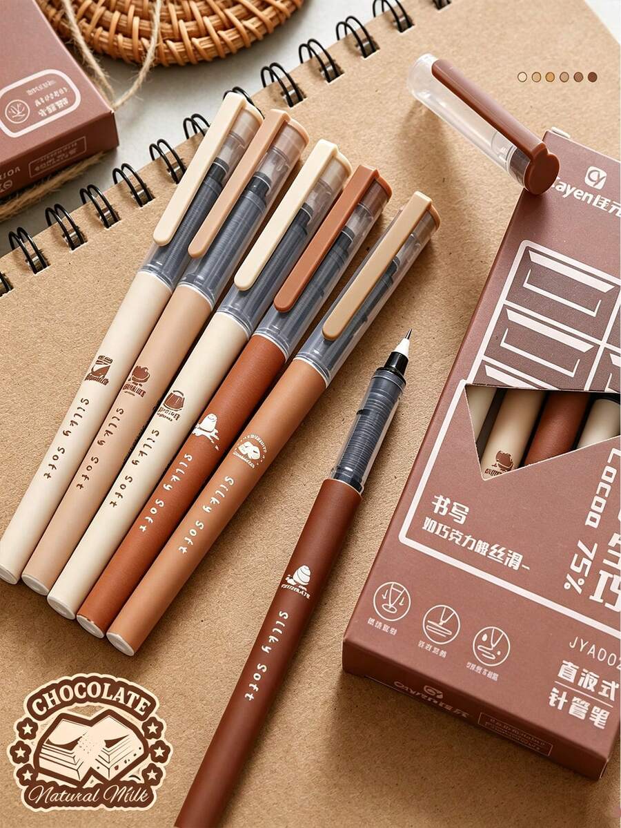 6/1pc Brown Liquid Ink Ballpoint Pens, Large Capacity Quick Dry No Mess, Healing Style Student Practice Pen, Cute Adorable Classroom Reward Small Gift - Multicolor - View 1
