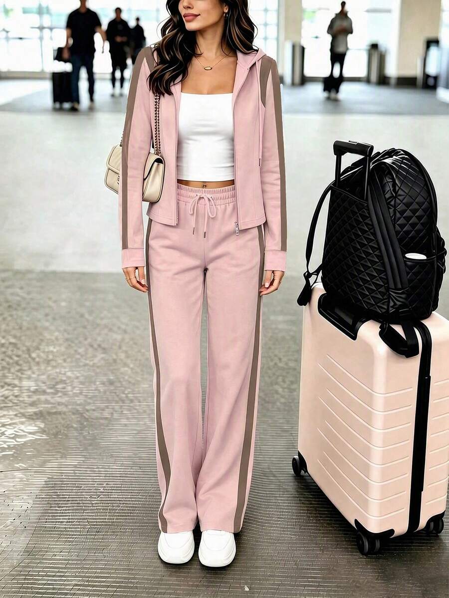 Women's Autumn/Winter Hooded Colorblock 2 Pieces Set, Zipper Pocket Drawstring Top + Straight Leg Pants, Suitable For Office And Casual Wear - Baby Pink - View 1