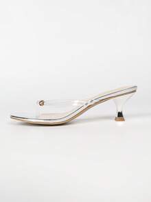 Glam Vacation Silver Metallic Clear PVC Thong‑Style Slip‑On Mule Heels, Square Toe Flared Mid‑Heel Slide Sandals For Evening Party Occasion - Clear - View 8