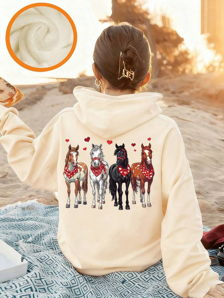 Tween Girl Fun Graphic Print Pullover Sweatshirt, Warm & Comfortable Thermal Lined Pullover Sweatshirt For Autumn/Winter - Apricot - View 1