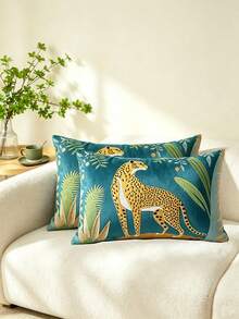 LCUHPCL 1pc Vintage Jungle Cheetah Embroidery Velvet Cushion Cover, Decorative Animal Pattern Throw Pillow Case For Sofa Bedroom Home Decor, No Pillow Insert - Multicolor - View 11
