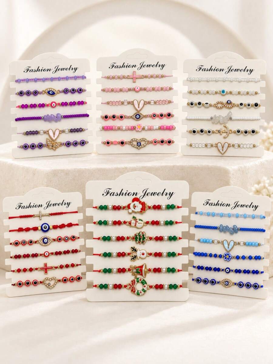 Women's Colorful Beaded Pendant Bracelet, Evil Eye, Cross, Heart, Flower And Christmas Designs, Fashionable Jewelry Accessory For Daily Wear - Multicolor - View 1