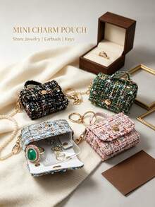 1pc Cute Tweed Mini Jewelry Storage Bag, Portable Earphone Bag Keychain Pendant, Mini Travel Ring Box Travel Jewelry Box Cosmetic Storage Box, Women's Earring/Ring/Necklace/Bracelet Storage Box, Mini Wallet - Tweed Mini Bag - View 3
