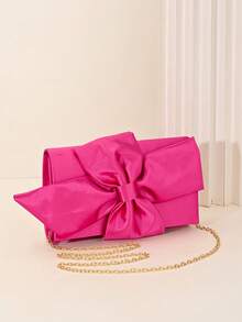 LJDCRFT Elegant Satin Bow Evening Clutch For Women With Detachable Chain Shoulder Strap, Suitable For Parties, Weddings, Proms, And Other Occasions - Hot Pink - View 2